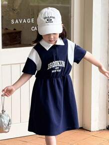SHEIN Young Girls Casual Letter Graphic Color Block Collar Half-Zip Knit Dress - Blue and White - View 6