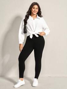 SHEIN LUNE مجموعة 3 قطع للمرأة بحجم كبير: ملابس علوية بأكمام طويلة، توب كامي، وسروال ضيق، ملابس عطلة الخريف - أبيض وأسود - مشاهدة 6