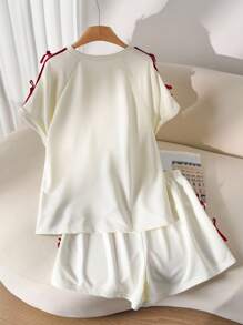 CosyJoli 大码休闲蝴蝶结撞色蝙蝠袖针织T恤和短裤套装 - 杏色 - 查看 2