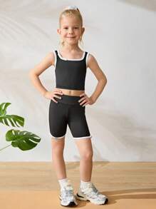 SHEIN Young Girls' Athleisure Set, High-Stretch, Black Fitted Tank Top, White Bow Decor + Elastic Waist Skinny Leggings, Soft, Comfortable, Casual, Suitable For Leisure, Outdoor Sports, And Various Casual Occasions