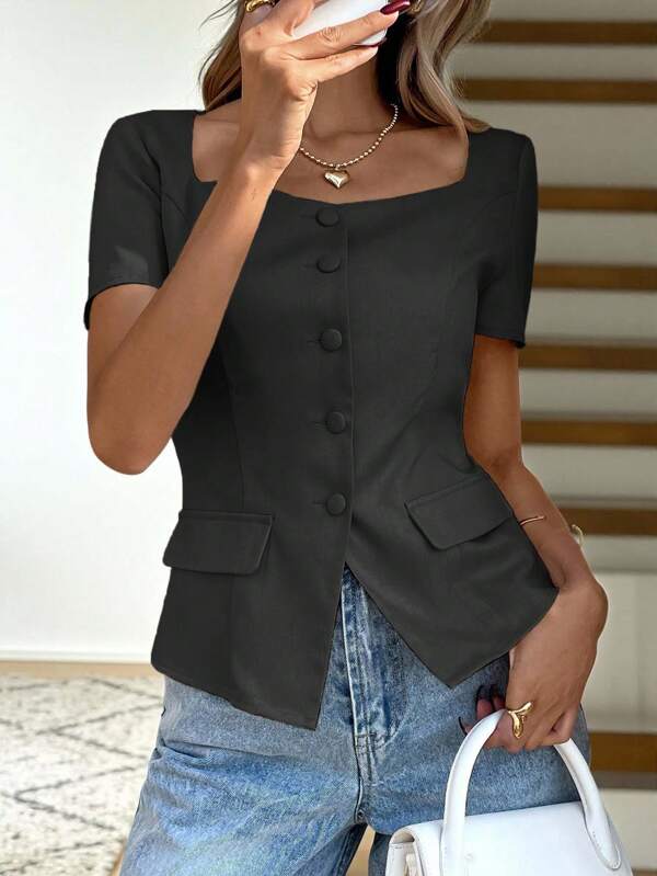 SHEIN LUNE Vintage Old Money Solid Color Square Collar Short Sleeve Shirt, Office Wear, Spring/Summer