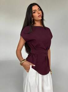 Aloruh 女式夏季休闲纯色蝙蝠袖后背打结褶皱修身衬衫