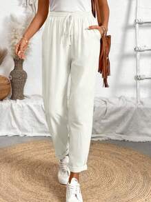 Calvaya Women's Drawstring Waist Simple And Casual Pants With Slanted Pockets - White - View 6