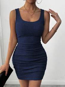 Sommar Casual Enfärgad Rynkad Ärmlös Figurnära Miniklänning - Marinblå - Visa 6
