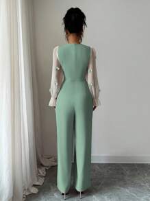 Modelyn Women's Mixed Material Patchwork Bow-Knot Jumpsuit - Green - View 2