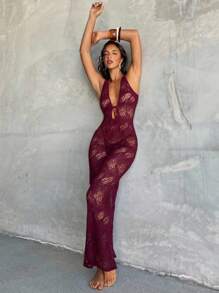 Aloruh 女式夏季新款酒红色无袖透明钩针波西米亚风连衣裙，镂空设计，修身剪裁，夏季海滩度假装 - 酒紅色 - 查看 7