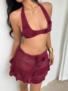 Aloruh 女士两件套：纯色 3D 花卉装饰短款露背针织上衣和镂空针织迷你裙，性感 - 酒紅色 - 查看 4