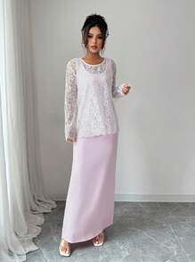 Elenzga 2pcs/Set Women Floral Lace Round Neck Long Sleeve Top And Camisole Dress - Multicolor - View 6