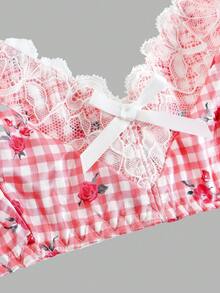 2pcs Plaid Rose Satin Lace Patchwork Cute Doll Teen Girls Bra And Panty Set,High Waist Bodycon Underwear Matching Bra And Panties Set For Summer,Cute - Pink - View 3