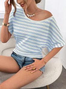 SHEIN LUNE 超大宽松条纹针织上衣，可露肩穿着，女士休闲套头衫