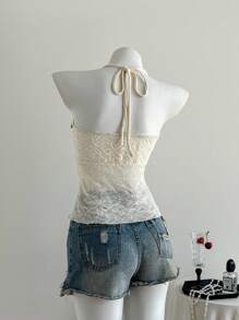 Chiquease 女士度假休闲蕾丝系领无袖上衣 - 杏色 - 查看 2