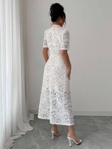 Elenzga Bộ đồ vest nữ mùa hè mới 2025 cổ áo tay bồng ren và chân váy chữ A thời trang - trắng - Xem 2