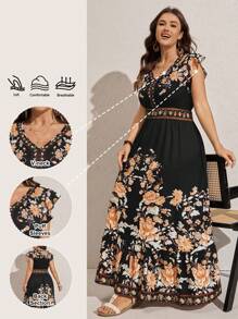 Comfylo 加大码女式花卉印花休闲节日荷叶边袖连衣裙海滩装女士婚礼宾客连衣裙 - 彩色 - 查看 4