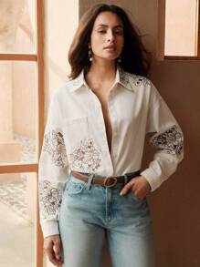 Anewsta 女士时尚刺绣牛仔夹克 - 米色 - 查看 3