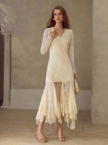 MOTF PREMIUM WOMEN'S LACE EMBROIDERED PATCHWORK STRUCTURE DESIGN FISHTAIL MIDI DRESS - Apricot - View 6