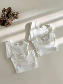 SHEIN Vintaside Kids 4pcs Baby Boy White Round-Neck Long-Sleeved T-Shirts Set,Autumn Winter Basic Date Casual Multi-Pieces Comfortable Versatile Spring Tops - White - View 6