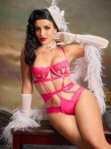SHEIN Women's Lace Hollow Out Sexy Lingerie Bodysuit - Hot Pink - View 5