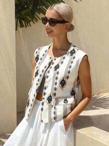 DAZY Áo khoác cardigan/áo vest nữ mùa hè dáng rộng, thoải mái, chất liệu vải lanh, họa tiết hình học, hoa văn, kiểu bohemian, thêu toàn bộ họa tiết, thích hợp cho kỳ nghỉ. - Màu be - Xem 4