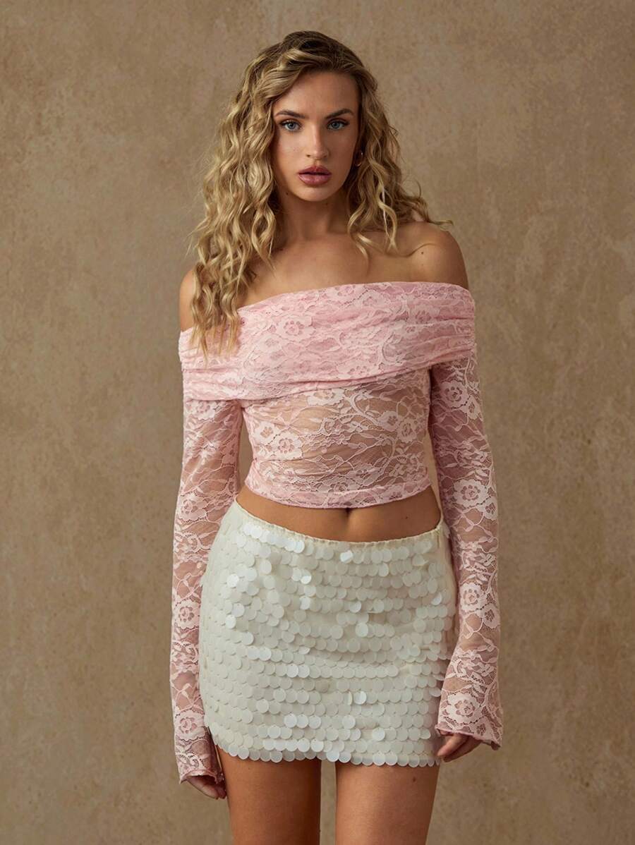 Glamine Pink Off-Shoulder Long Sleeve Elastic Lace Ruched Sheer Crop Top For Women, French Style Hollow Out Short Sexy T-Shirt, Transparent Slim Club Party Summer Casual Fall Cloth For Women