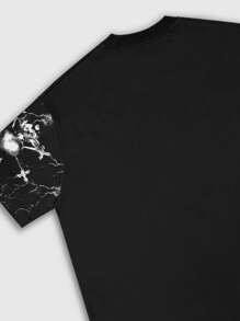 ROMWE MEN Men's Anime Print Short Sleeve T-Shirt, Suitable For Everyday Wear - Black - View 3