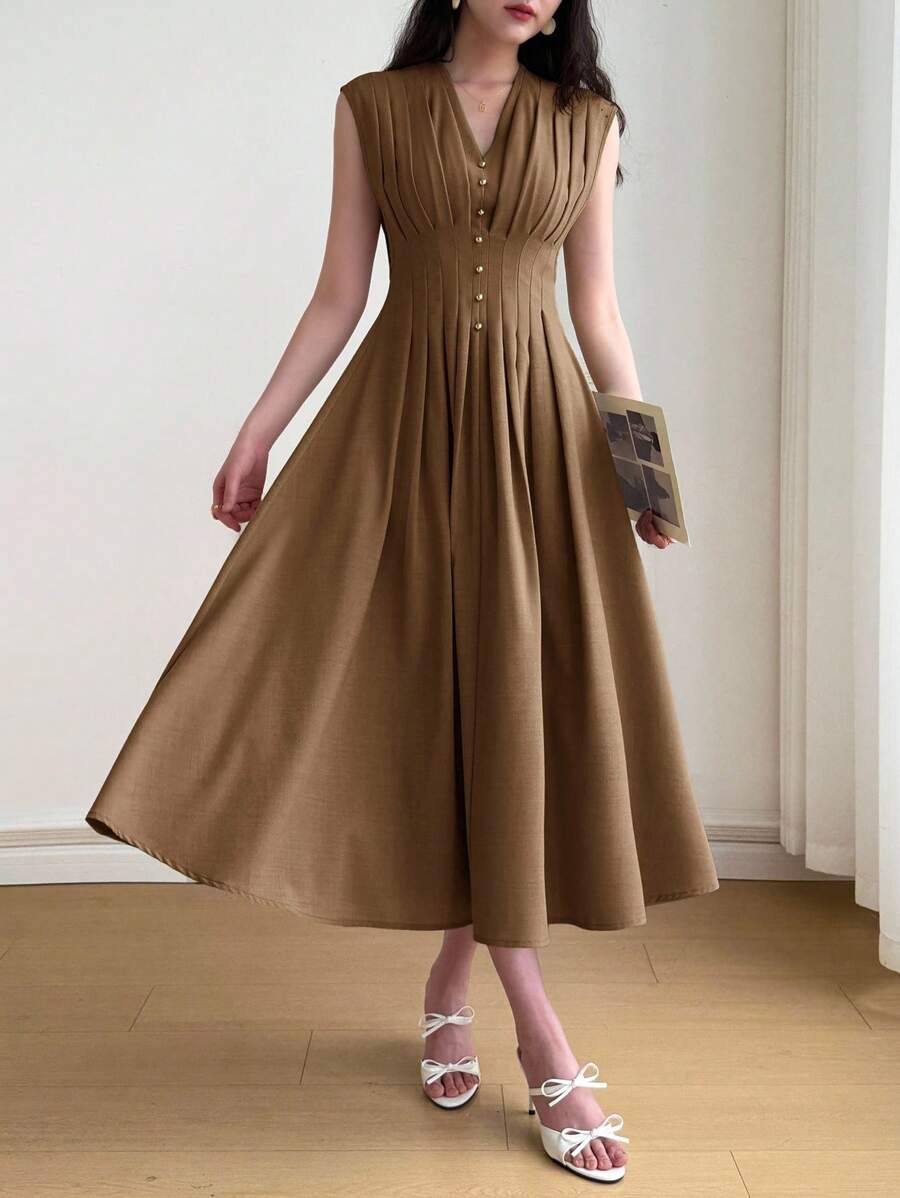 Heiryn V领褶饰腰部A字型优雅浪漫百搭通勤连衣裙 - 棕色 - 查看 1