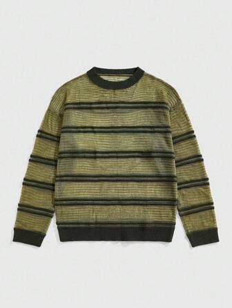 Street Life Pull tricoté décontracté à encolure ronde, épaules tombantes, rayé, avec motif ajouré pour hommes