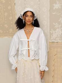 SHEIN MOD Women's White Summer Cottage Core Tea Party Elegant Hollow Embroidery Lace Tie-Up Blouse,Cotton Heart Pocket Bohemian Old Money Style Boho Top - White - View 3