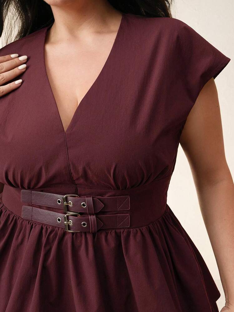 Elegant & Fashion Summer Commuter Sleeveless V-Neck With Belt Blouse & Skirt 2-Piece Set For Women