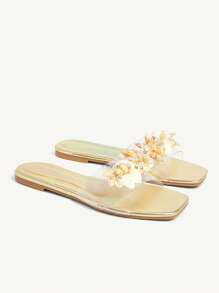 CUCCOO CHICEST 女士水晶装饰透明鞋面方头平底舒适闪亮奢华高贵品质沙滩凉鞋，银色 PVC 休闲夏季派对礼服平底鞋 - 金色 - 查看 9