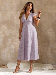 Flirla 大码女式V领短袖褶饰A字中长碎花连衣裙 - 淡紫色 - 查看 6