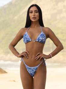 Carolina Barros Bộ đồ bơi cho nữ đi biển mùa hè 3 món/bộ Bikini in họa tiết ngẫu nhiên cho nữ - Xanh và trắng - Xem 1