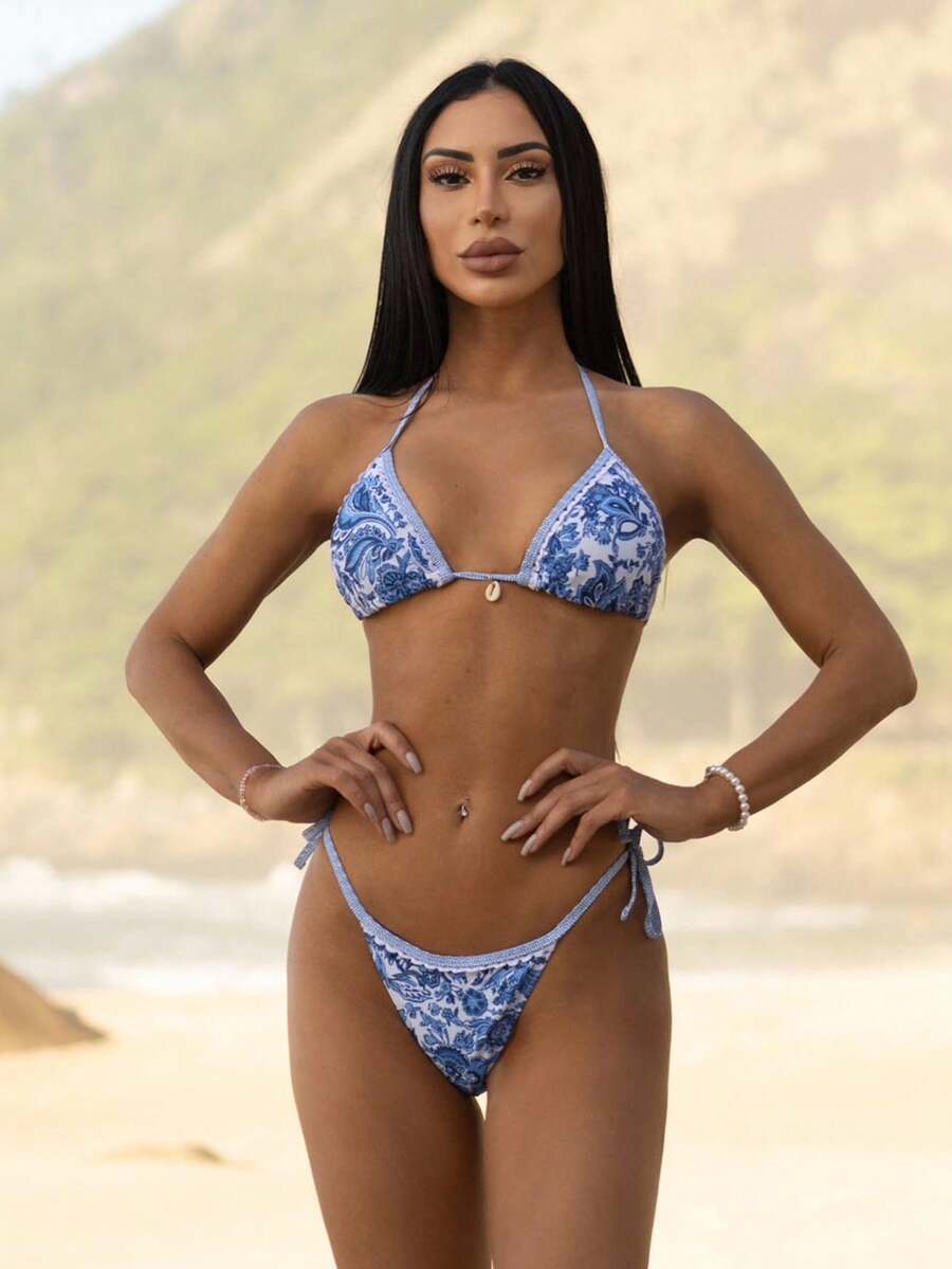 Carolina Barros Bộ đồ bơi cho nữ đi biển mùa hè 3 món/bộ Bikini in họa tiết ngẫu nhiên cho nữ - Xanh và trắng - Xem 1