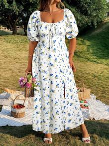 KURAYIA Plus Size Summer Elegant Floral Print Puff Sleeve Waist Fitted Dress - Blue and White - View 3