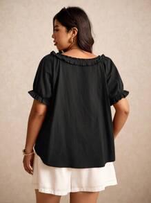 Elaquor Áo cánh tay ngắn bèo nhún màu trơn cỡ lớn cho nữ, mùa hè - màu đen - Xem 3