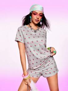 Notgurli 2PCS Women's Casual Cherry Print Pajama Set Sleepwear Nightwear - Grey - View 3