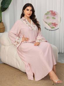 Al Najma Floral Embroidered Collar Flare Sleeve Slimming Dress, Spring/Summer - Pink - View 3