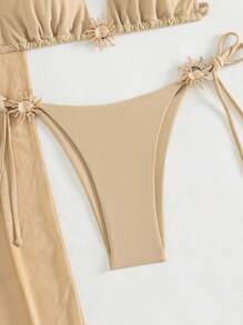 Bonvoyette 3 件套 - 纯色三角形无钢圈吊带上衣、侧系带泳裤和网眼裙，女士夏季沙滩泳衣套装 - 杏色 - 查看 6