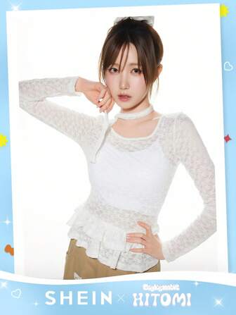 DAZY Women Tie Collar Lace Detail Long Sleeve T-Shirt, Summer