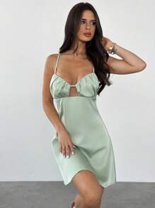Firerie Summer/Autumn Versatile Dress, New Elegant Romantic Sleeveless Backless Green Satin A-Line Mini Dress, Suitable For Party, Date, Back To School, Vacation - Green - View 10
