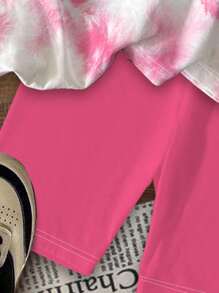 SHEIN 2 件套年轻女孩休闲可爱粉色扎染心形印花 T 恤和短裤套装，适合夏季、毕业典礼、返校 - 彩色 - 查看 6