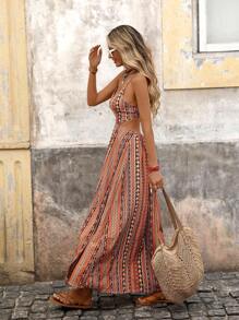 Brillora Shirred Geometric Print High Slit Long Dress, Bohemian Style For Vacation,Tea Party Dress,Summer Dresses For Women