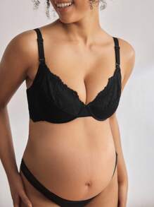 BloomMama Maternity Romantic Lace 3/4 Cup Low Plunge Underwired Comfy Tender Nursing Bra, Black - Black - View 2