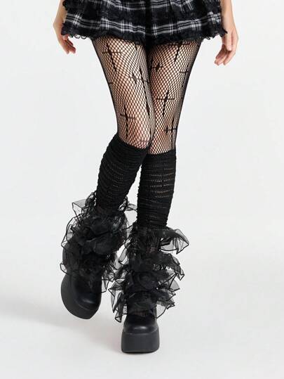 Grunge Punk 2 Pairs Y2K Punk Style Cross Net Stockings And Black Lace Panel Leg Warmers Set, Millennium Street Style Skirt Accessories, Thin Summer Layering, Fashionable Unique Skirt Decor
