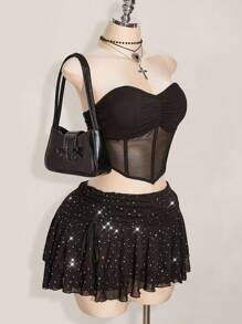 SHEIN ICON 加大码迷你分层褶饰系带裙，高开衩，亮片网眼细节 - 黑色 - 查看 5