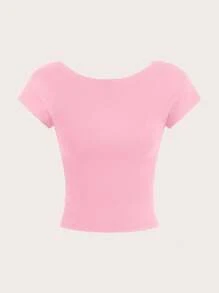 SHEIN MOD Sexy Casual Minimalist Light Pink Off Shoulder Short Sleeve Hollow Out Back Fitted Women T-Shirt Pullover, Suitable For Summer,Valentine Outfits - Baby Pink - View 9