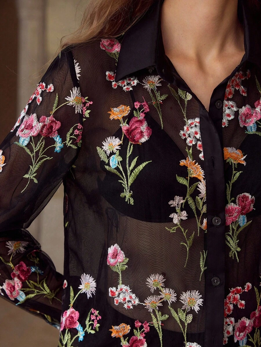 MOTF PREMIUM EMBROIDERY MESH FLORAL PATTERN SHEER SHIRT - Multicolor - View 2