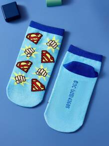 SUPERMAN X SHEIN 3 Pairs Cute Cartoon Striped Pure Cotton Boys/Children Socks, Reinforced Toe & Heel, All Season Wear, Suitable For School & Daily, Blue - Multicolor - View 10