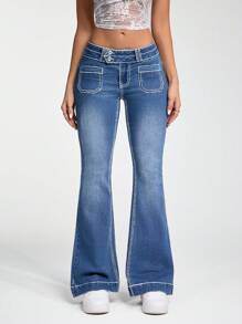 SHEIN ICON Casual Washed High Street Low Waist Jeans - Medium Wash - View 1
