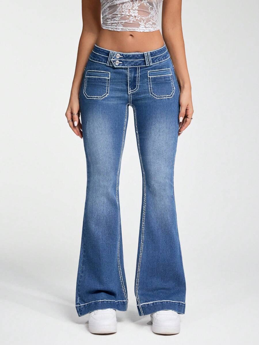 SHEIN ICON Casual Washed High Street Low Waist Jeans - Medium Wash - View 1