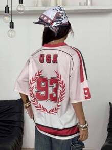 Coolane Camiseta casual holgada de estilo deportivo con cuello en V, hombros caídos y estampado de letras, para parejas, estilo urbano primavera-verano